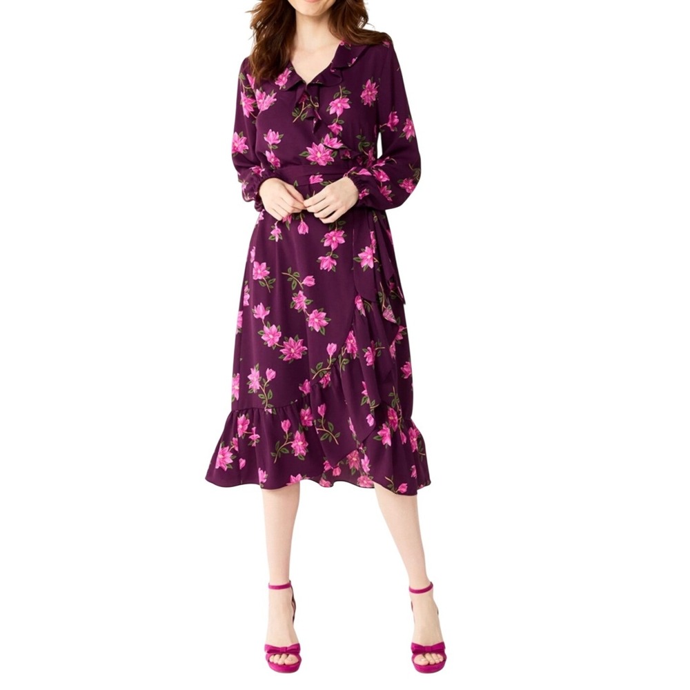 NWT Draper James RSVP Long Sleeve Ruffle Plum Floral Wrap Midi Dress,Size Medium